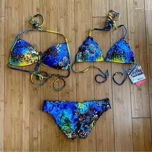 Luli Fama Blue Yellow Bikini Set with 2 Tops and 1 bottom Small